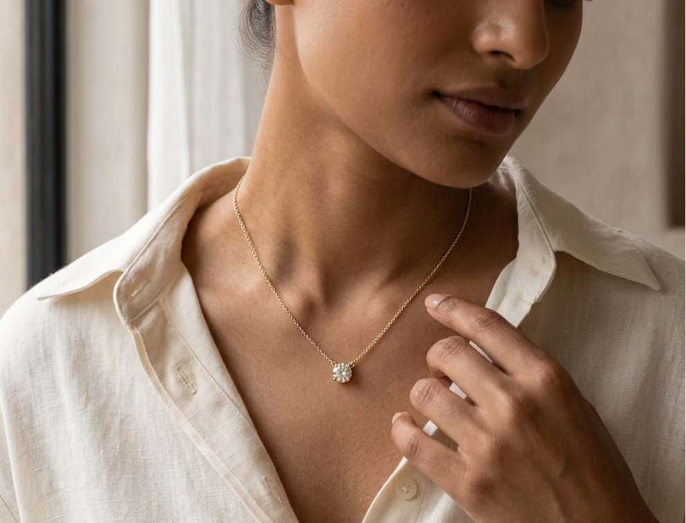 Woman wearing a gold necklace with a diamond pendant, indoors.