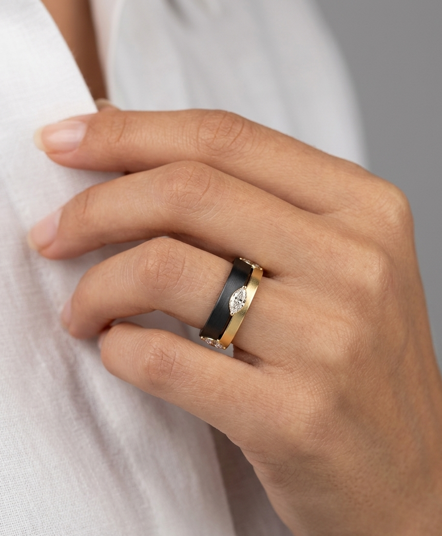 Close-up of a hand wearing a gold ring with a black band on a light background
