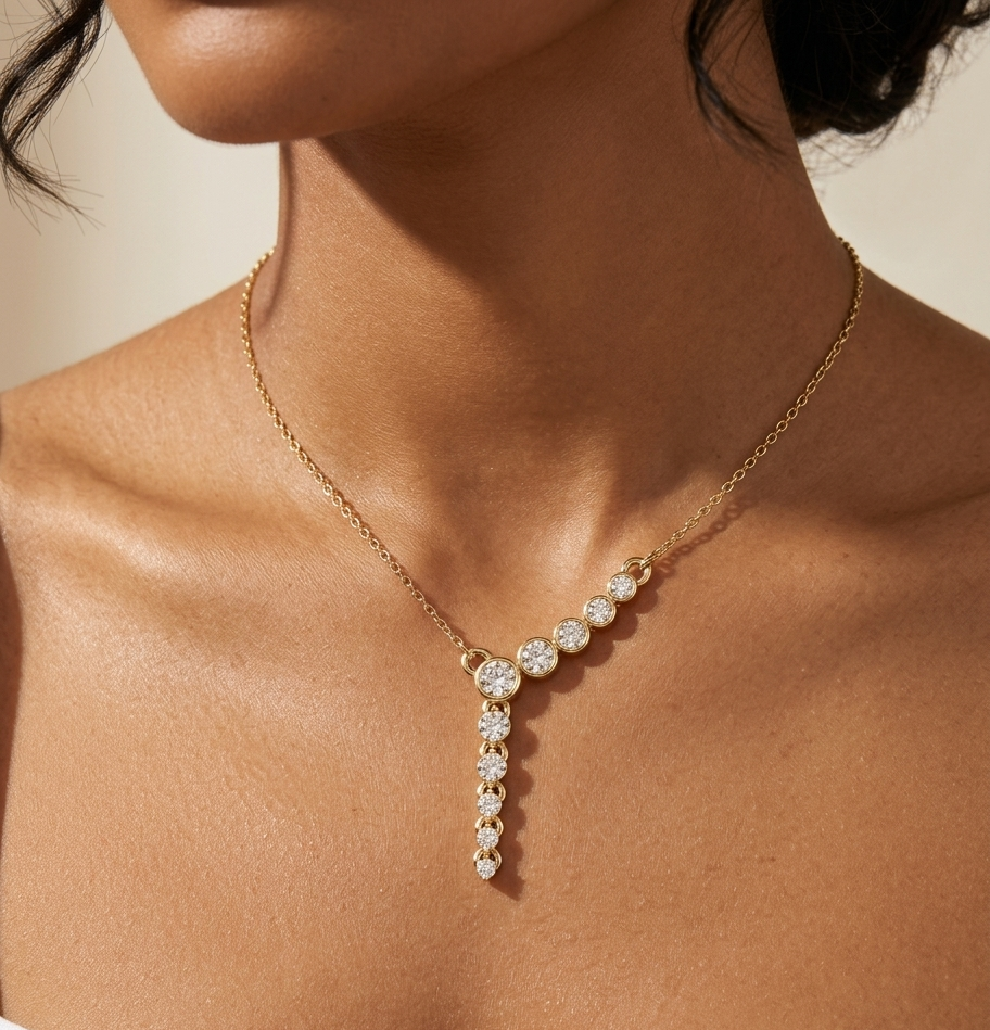 Gold necklace with a diamond pendant on a person wearing a white top.