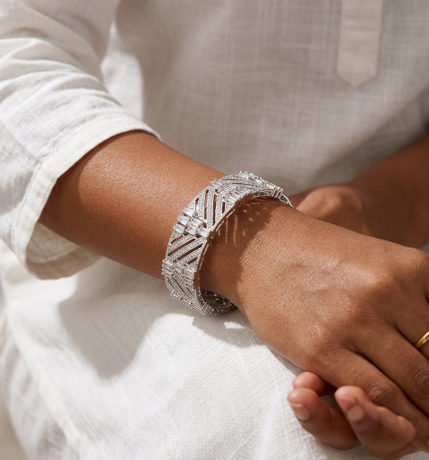 Silver bracelet on a wrist with a white shirt background