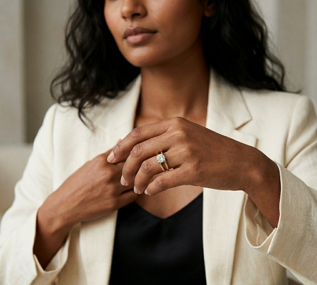 Woman wearing a ring with a diamond, sitting at a table.