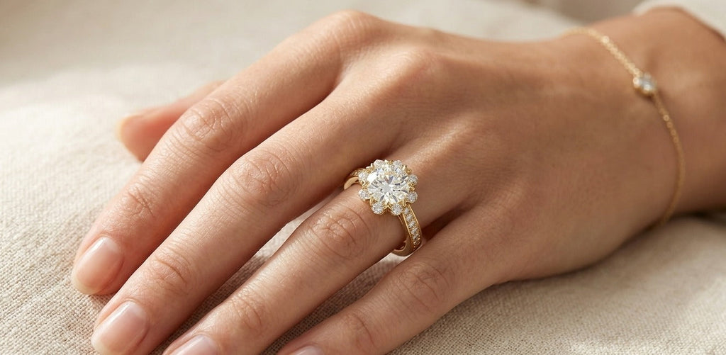 Hand wearing a gold ring with a diamond on a beige fabric background