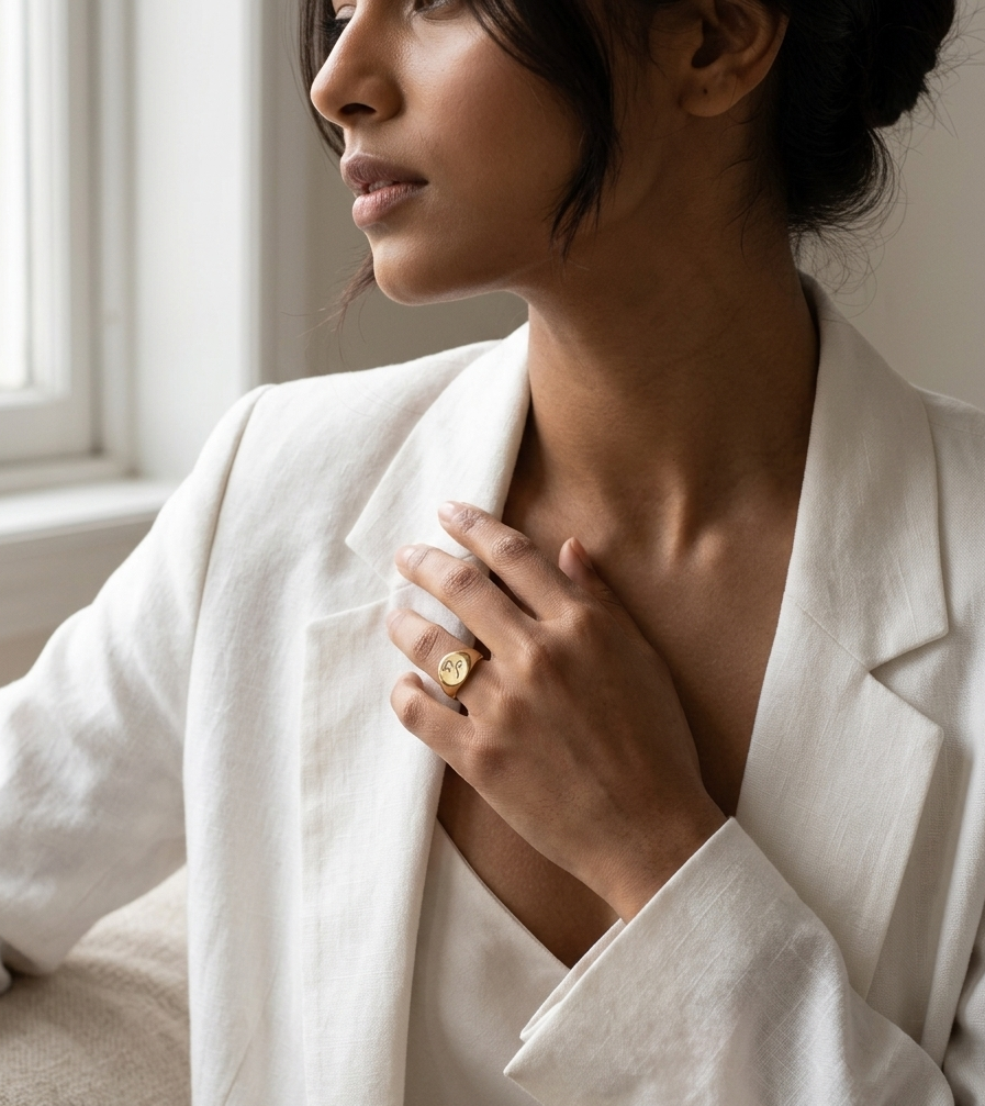 Woman wearing a white blazer with a gold ring on her finger, sitting in a softly lit room.