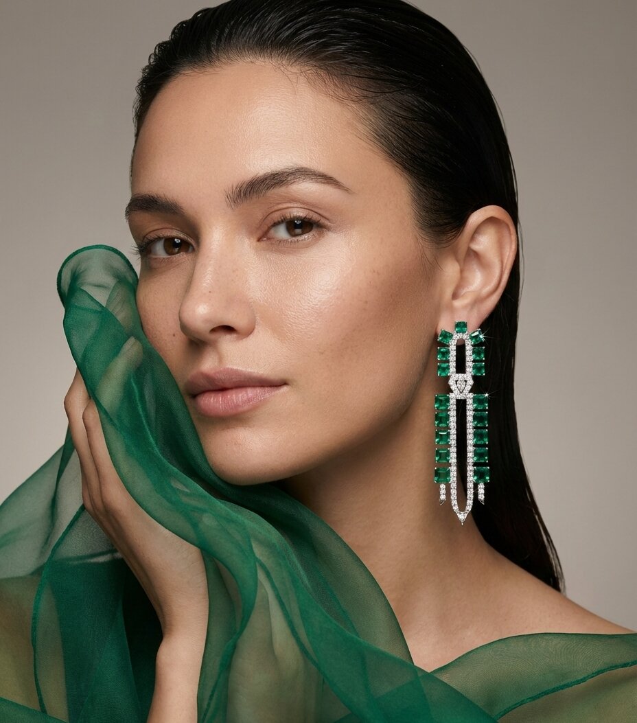 Woman wearing emerald green earrings with a green scarf, against a neutral background