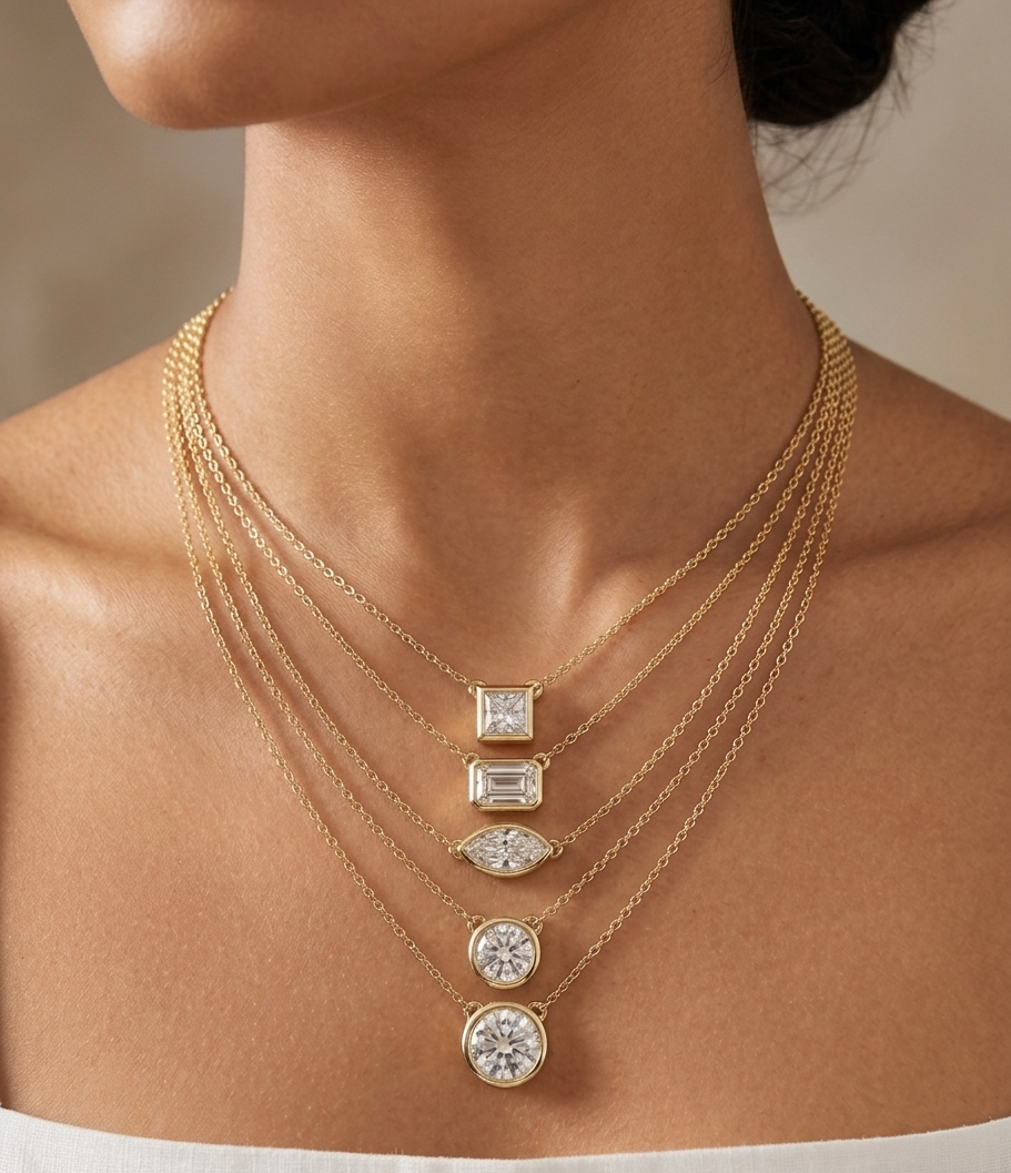 Gold necklaces with diamond pendants on a neutral background