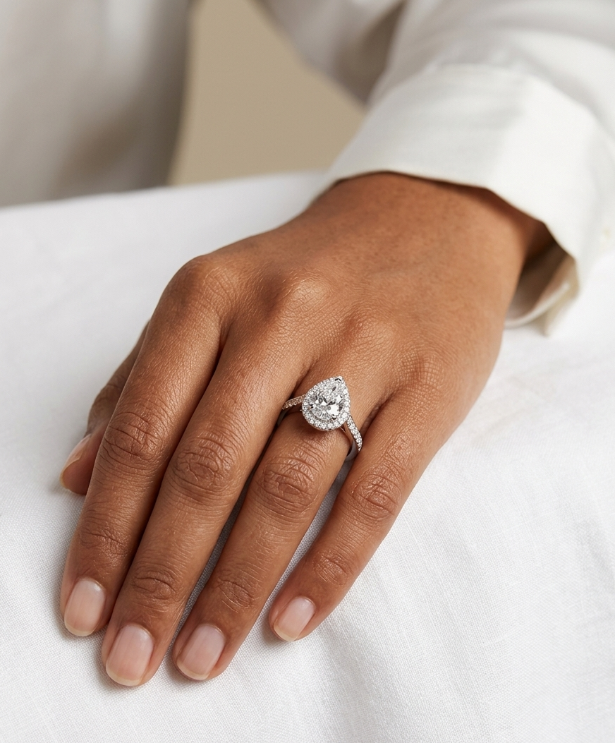 Hand wearing a diamond ring on a white surface