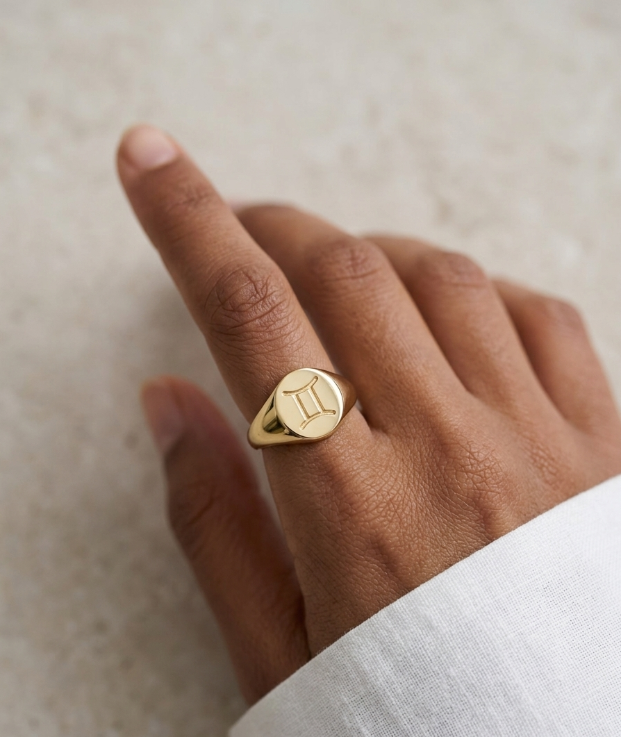 Gold ring on a person's finger against a neutral background