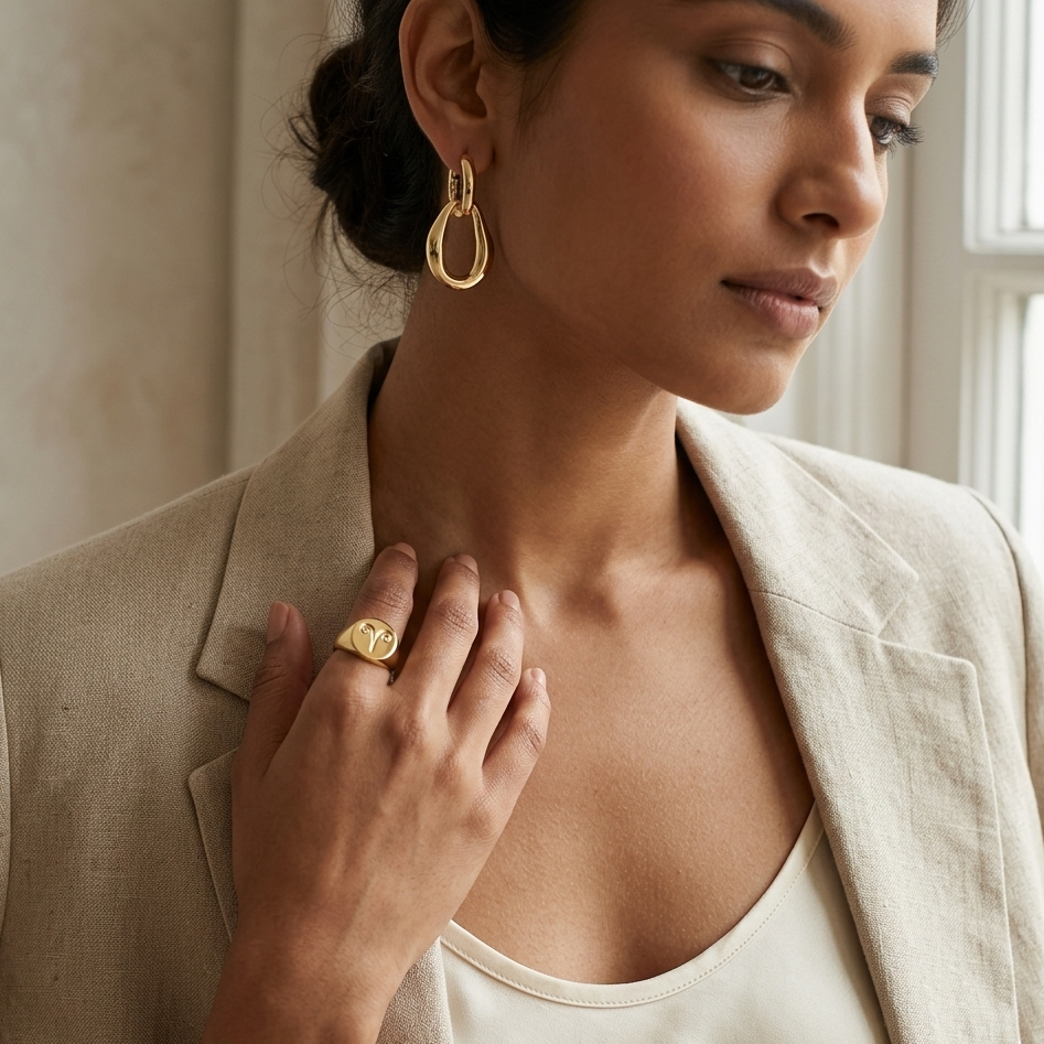 Woman wearing gold hoop earrings and a ring, with a neutral background