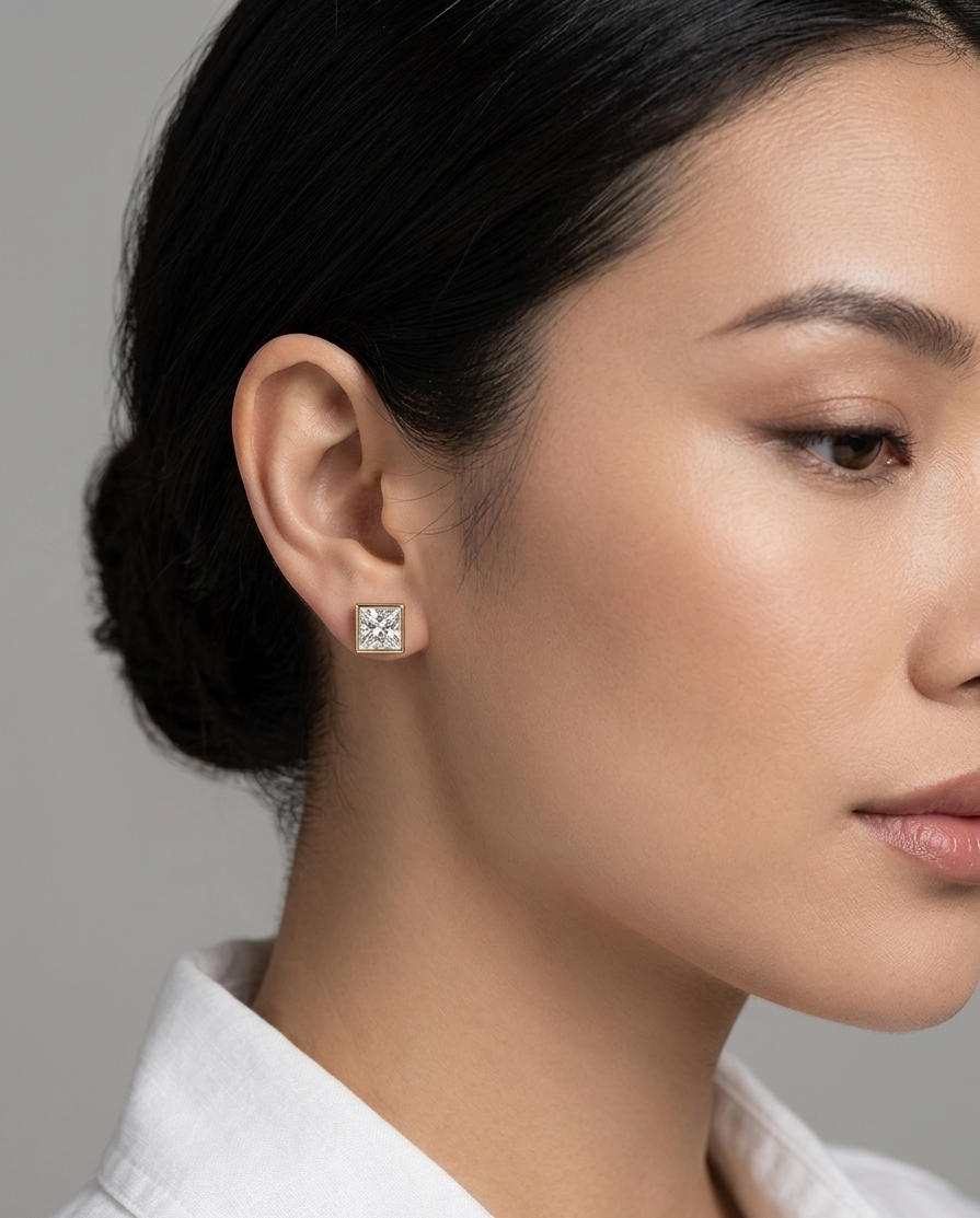 Close-up of a woman wearing diamond stud earrings against a neutral background