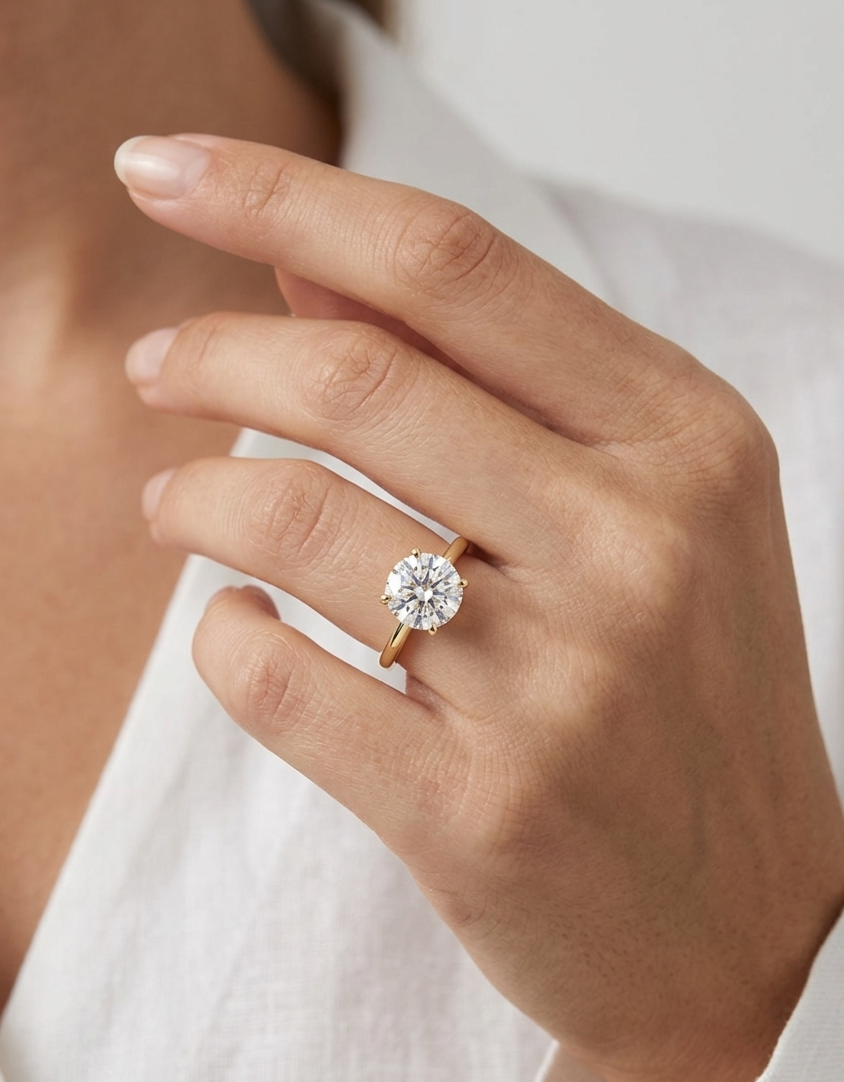 Hand wearing a diamond ring with a blurred white background