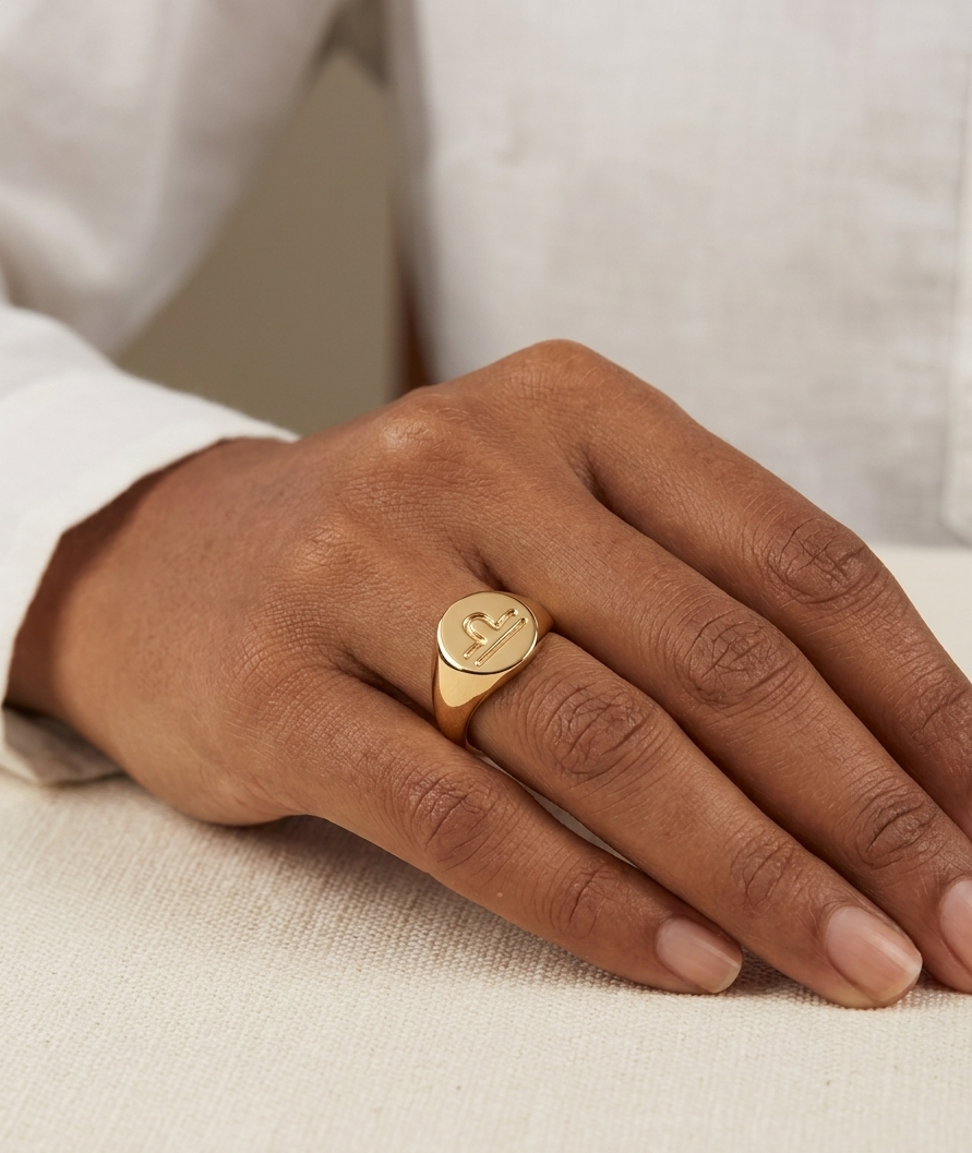 Gold ring on a person's finger against a neutral background
