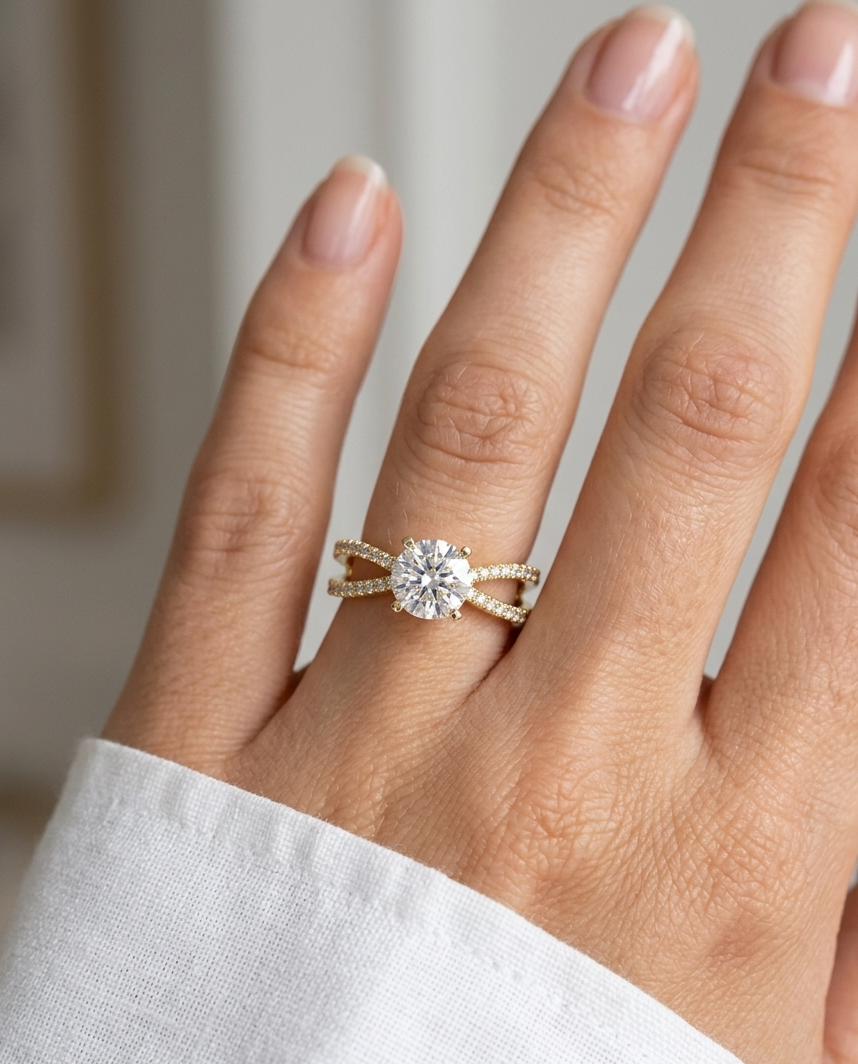 Hand wearing a rose gold ring with a diamond on a neutral background