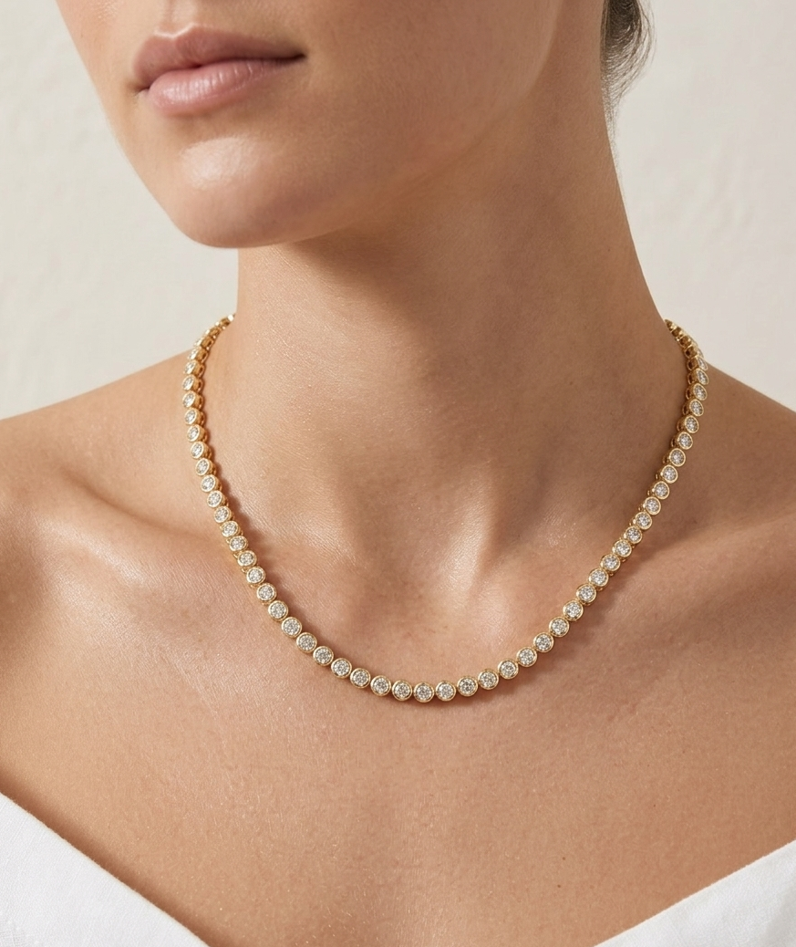 Pearl necklace worn by a model on a neutral background