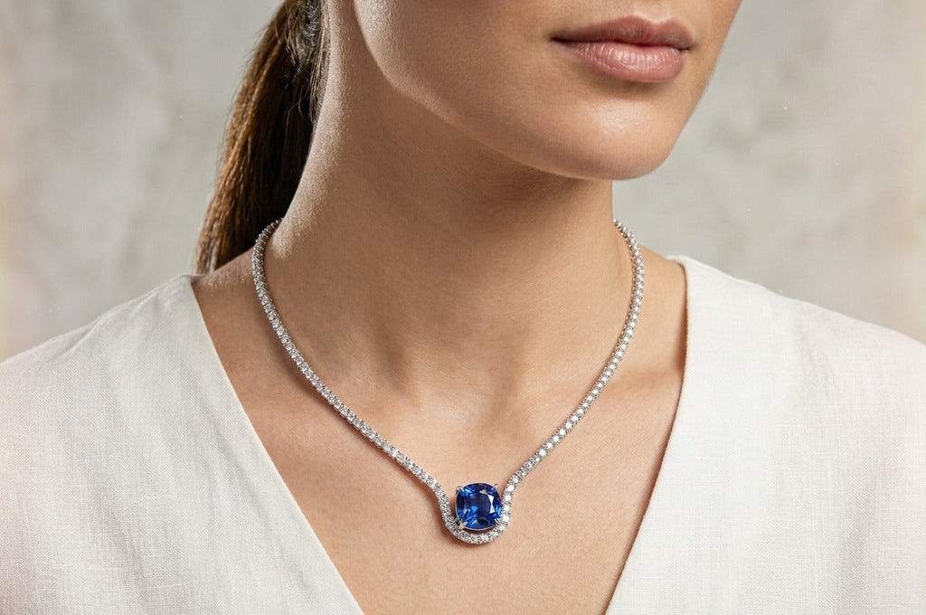 Woman wearing a necklace with a blue Sapphire against a neutral background
