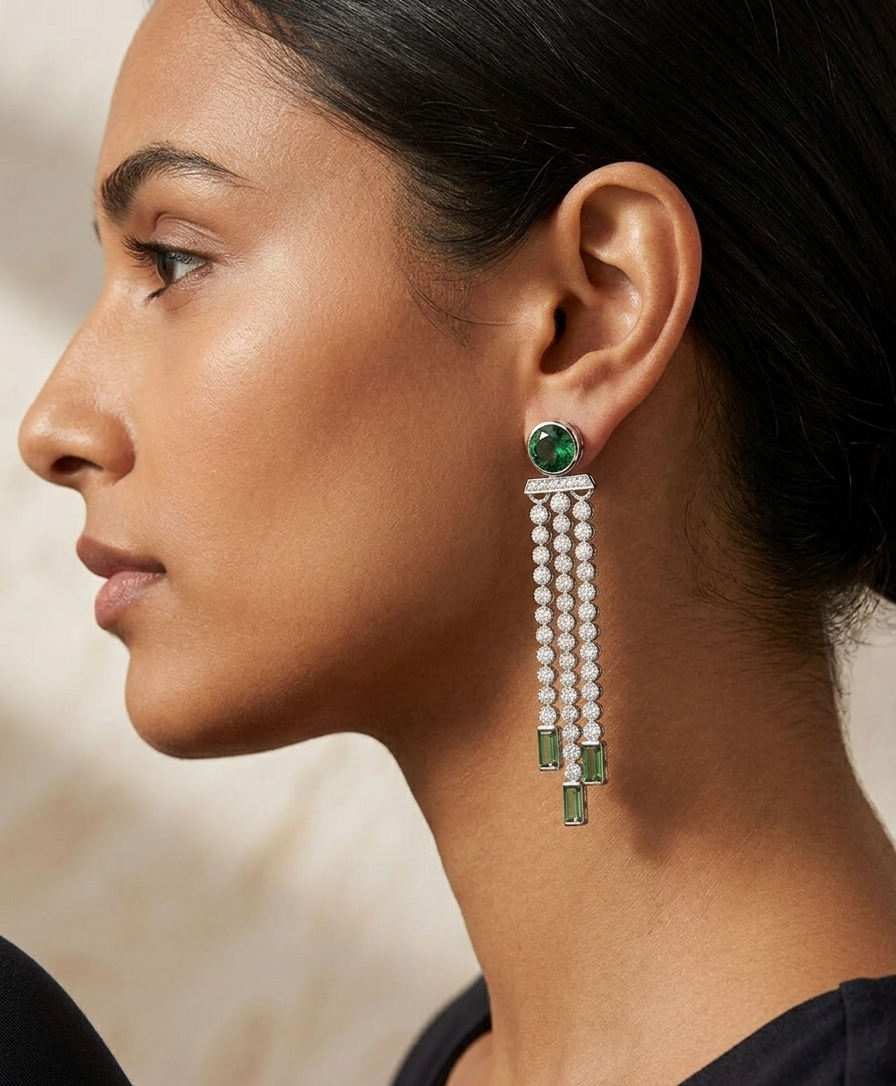 Close-up of a woman wearing a green gemstone earring with pearl-like droplets.