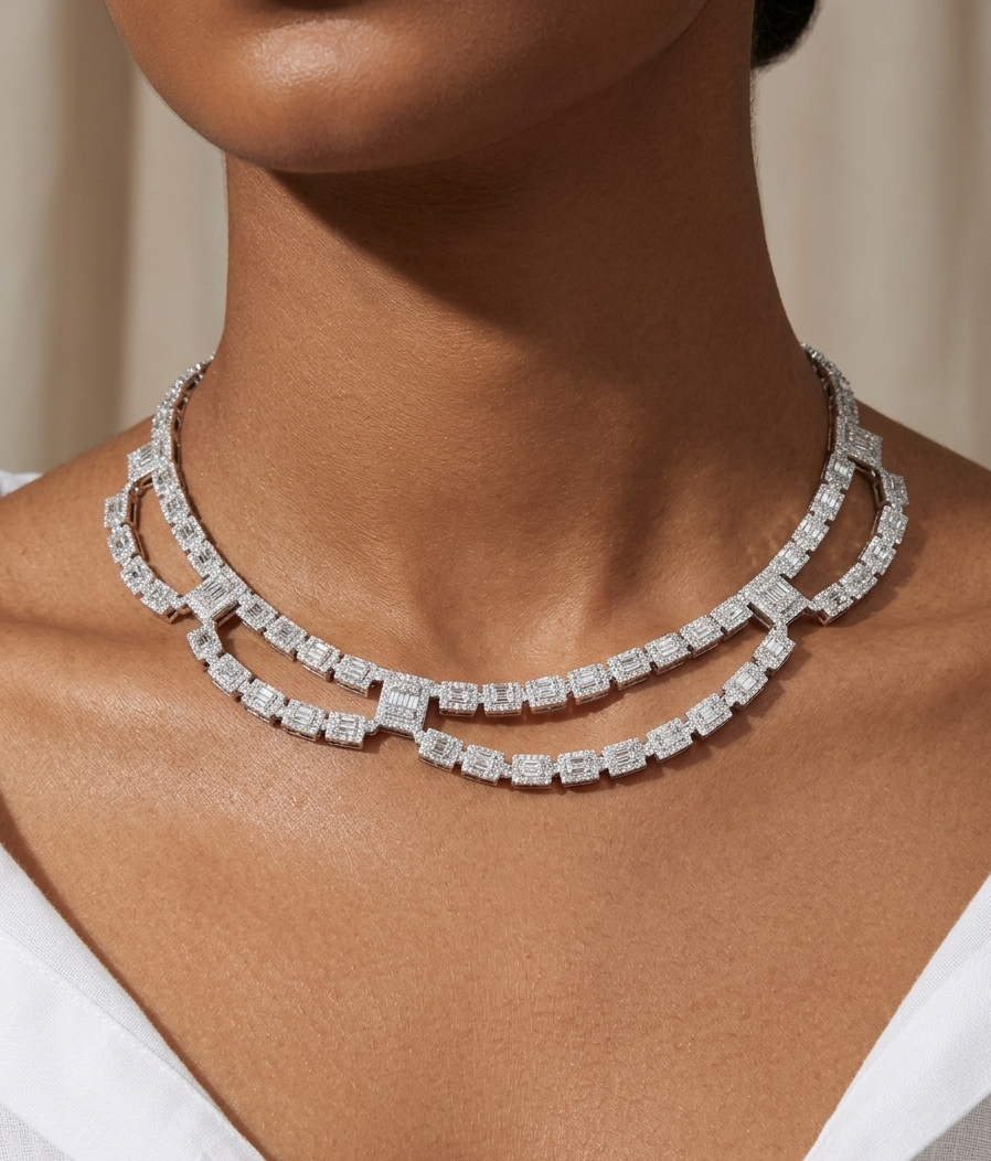 Diamond necklace on a model against a neutral background