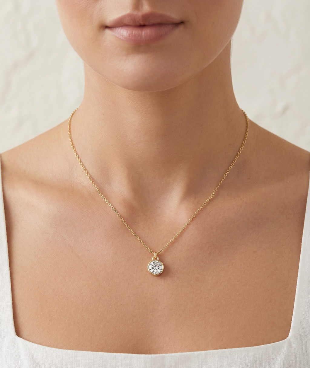 Necklace with a diamond pendant on a neutral background
