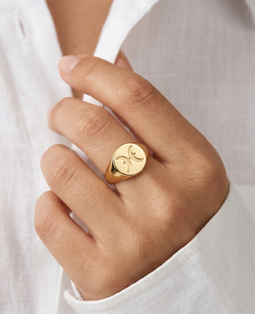 Gold ring with a symbol on a person's finger against a white background